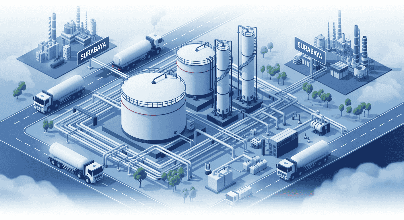 Ilustrasi distribusi ammonia bagi industri Jawa Timur dengan fasilitas pabrik dan logistik kimia