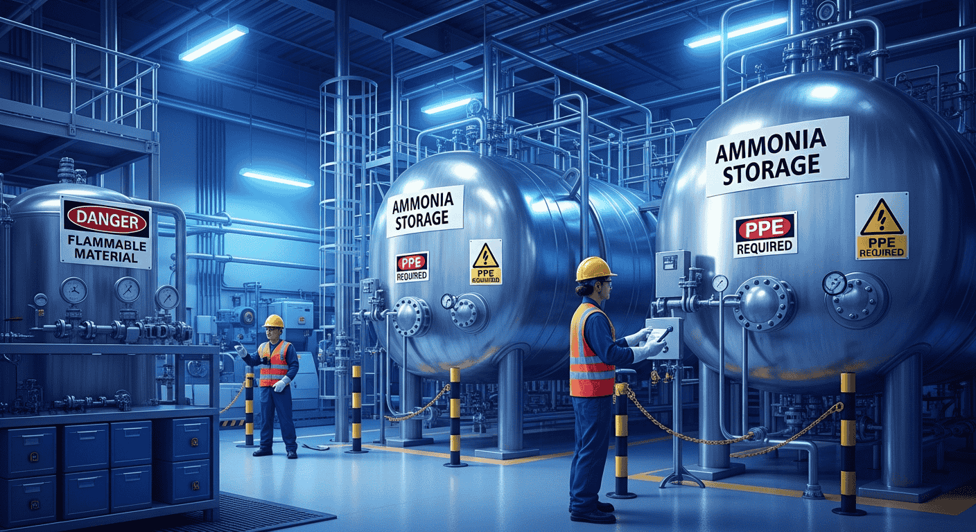 Ilustrasi fasilitas industri dengan tangki penyimpanan ammonia yang menunjukkan standar keamanan ammonia untuk industri.