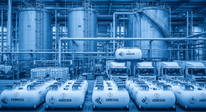 Ilustrasi proses distribusi ammonia industri dengan tangki penyimpanan dan sistem pengiriman aman.
