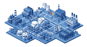 Ilustrasi industri Indonesia yang menggunakan toluene dalam produksi cat, adhesive, otomotif, dan kimia, lengkap dengan drum toluene dan fasilitas pabrik.