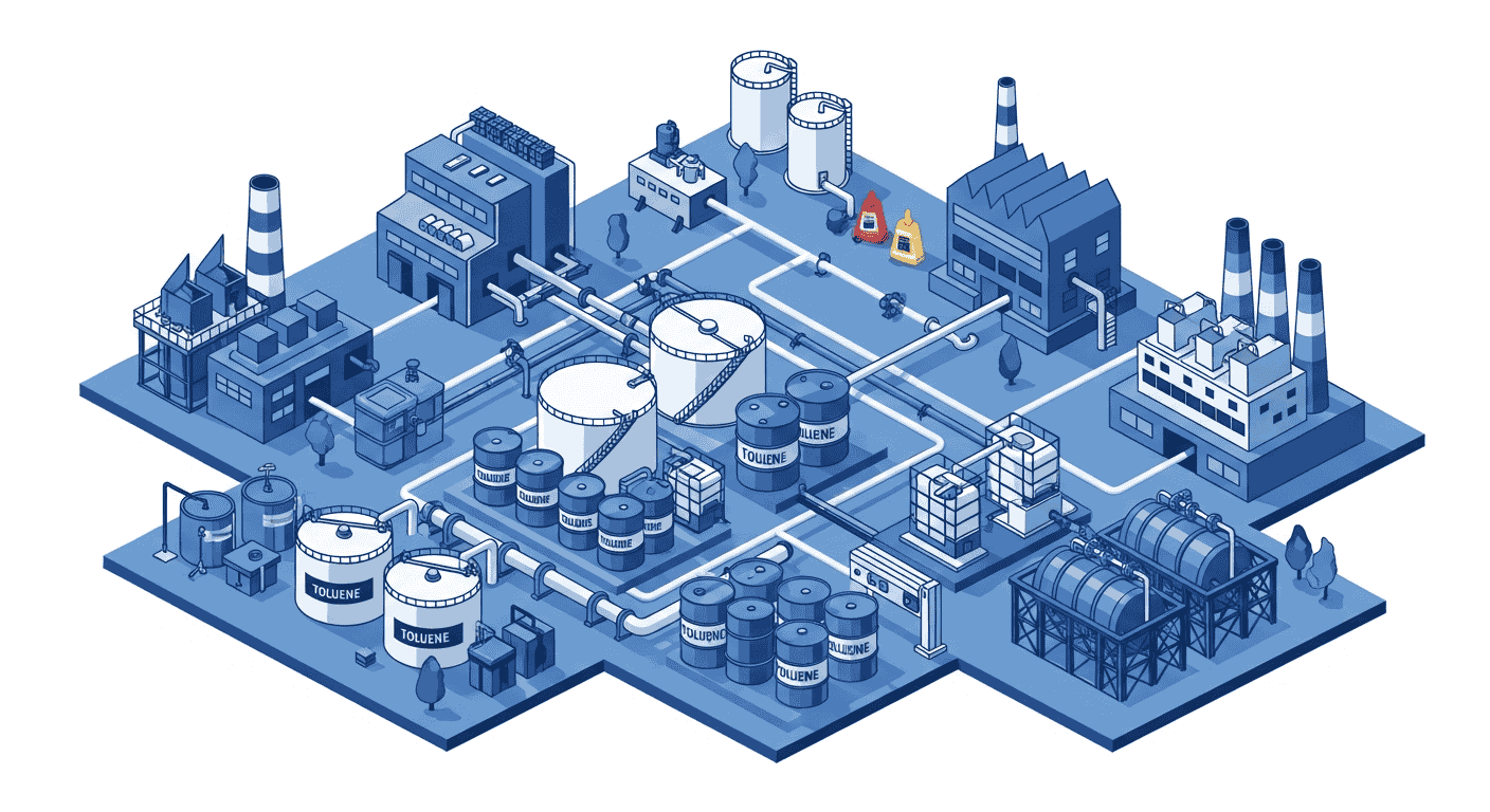 Ilustrasi industri Indonesia yang menggunakan toluene dalam produksi cat, adhesive, otomotif, dan kimia, lengkap dengan drum toluene dan fasilitas pabrik.