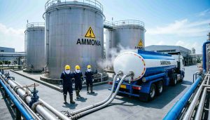 Supplier ammonia Jawa Barat terpercaya dengan tangki penyimpanan ammonia industri dan truk distribusi bahan kimia di kawasan pabrik modern.