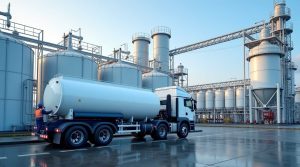 Supplier ammonia Jawa Tengah terpercaya dengan tangki penyimpanan ammonia industri dan truk distribusi di area pabrik manufaktur modern.