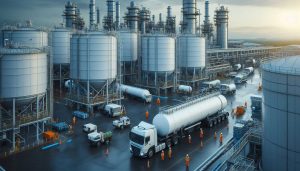 Supplier ammonia Jawa Timur terpercaya dengan tangki penyimpanan ammonia industri dan truk distribusi di kawasan pabrik manufaktur.