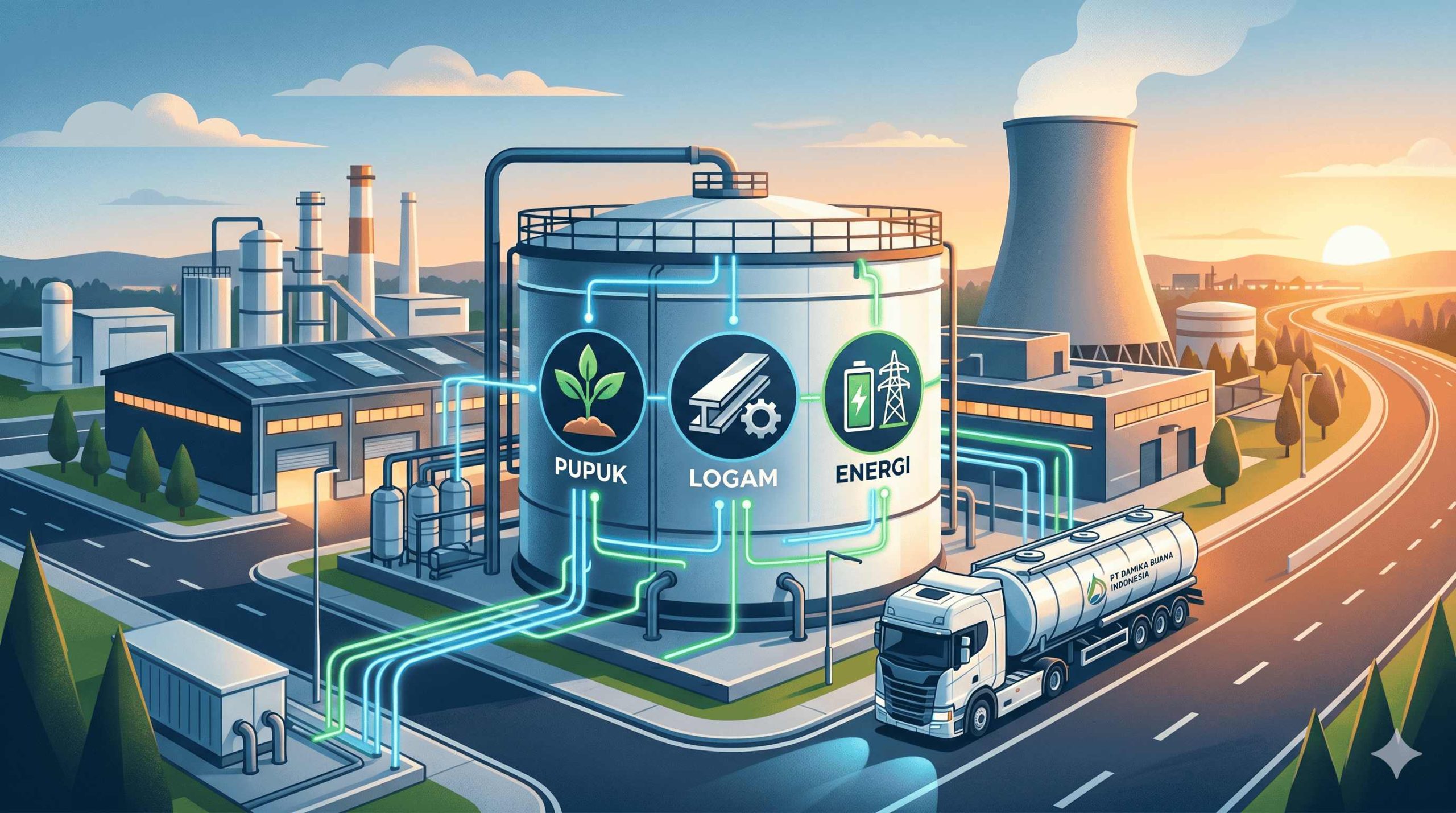 Distribusi asam sulfat untuk industri pupuk, logam, dan energi oleh PT Damika Buana Indonesia.