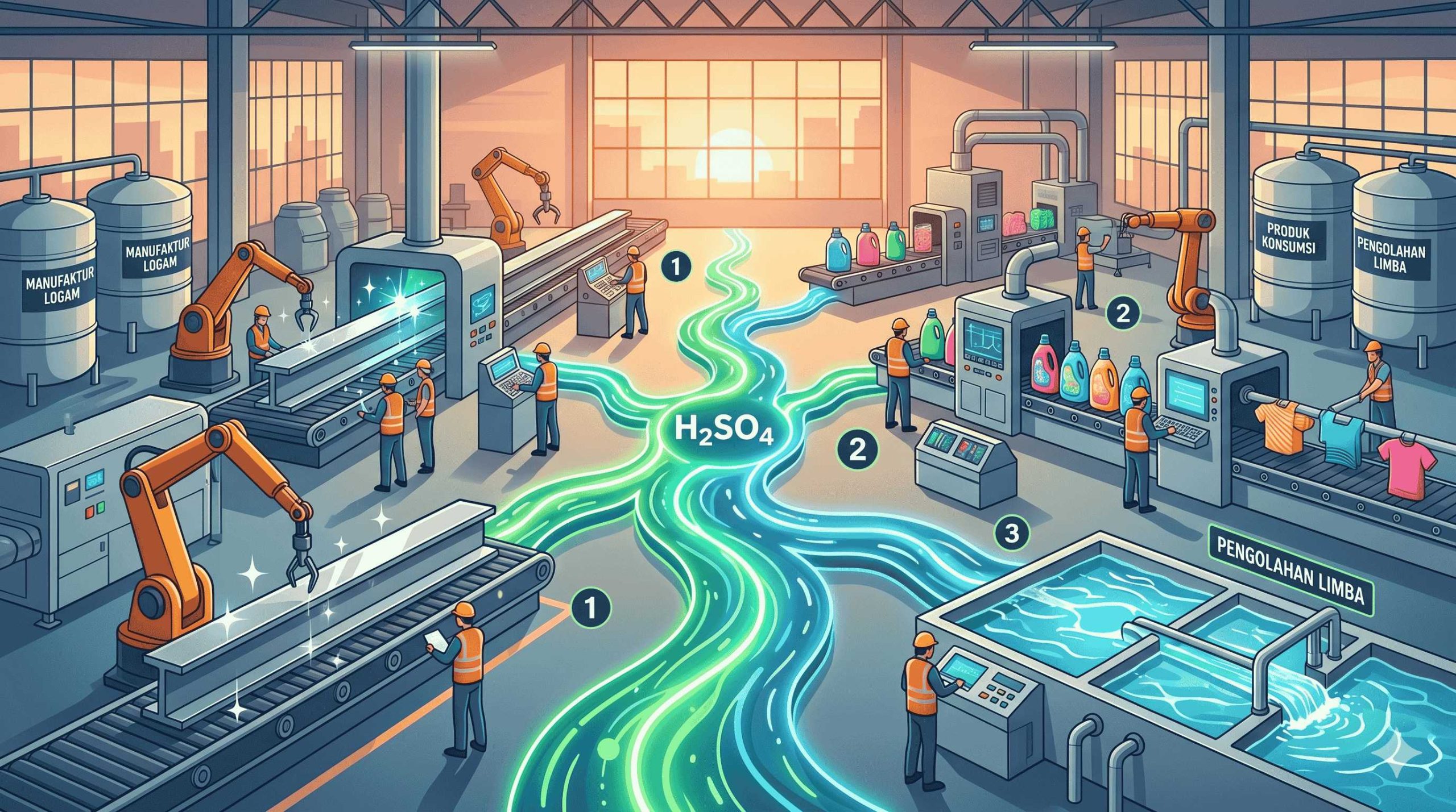 Ilustrasi manfaat asam sulfat dalam proses produksi manufaktur baja dan deterjen.