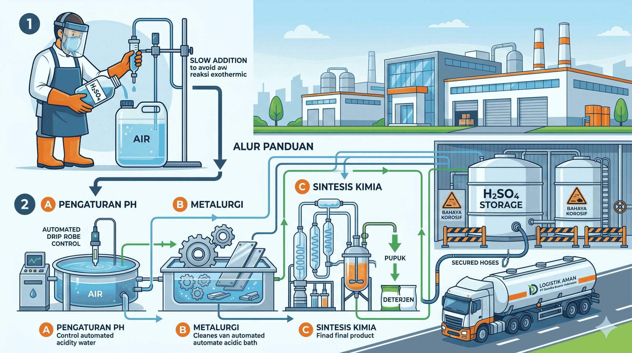 Panduan teknis penggunaan asam sulfat dan protokol keselamatan kerja di area industri.