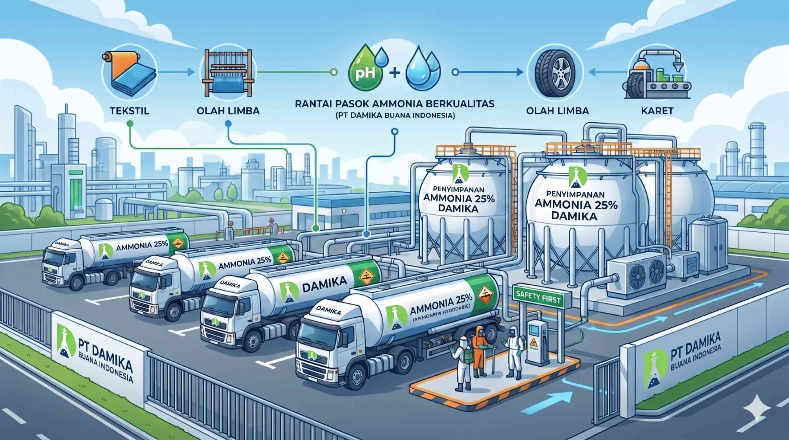 Distribusi Ammonia 25% berkualitas oleh PT Damika Buana Indonesia untuk industri tekstil dan pengolahan limbah.