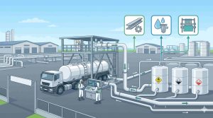 Prosedur distribusi aman Hidrogen Peroksida (H2O2) standar industri oleh PT Damika Buana Indonesia menggunakan armada tangki khusus dan protokol keselamatan tinggi untuk sektor manufaktur dan pengolahan limbah.