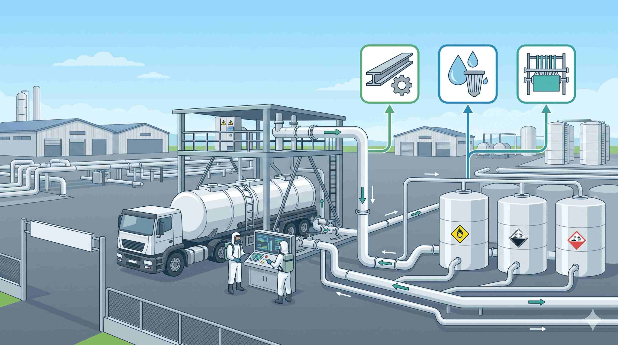 Prosedur distribusi aman Hidrogen Peroksida (H2O2) standar industri oleh PT Damika Buana Indonesia menggunakan armada tangki khusus dan protokol keselamatan tinggi untuk sektor manufaktur dan pengolahan limbah.