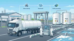 Visualisasi sistem pengolahan limbah cair industri (IPAL) yang efektif dan ramah lingkungan menggunakan Hidrogen Peroksida ($H_2O_2$) standar industri dari PT Damika Buana Indonesia.