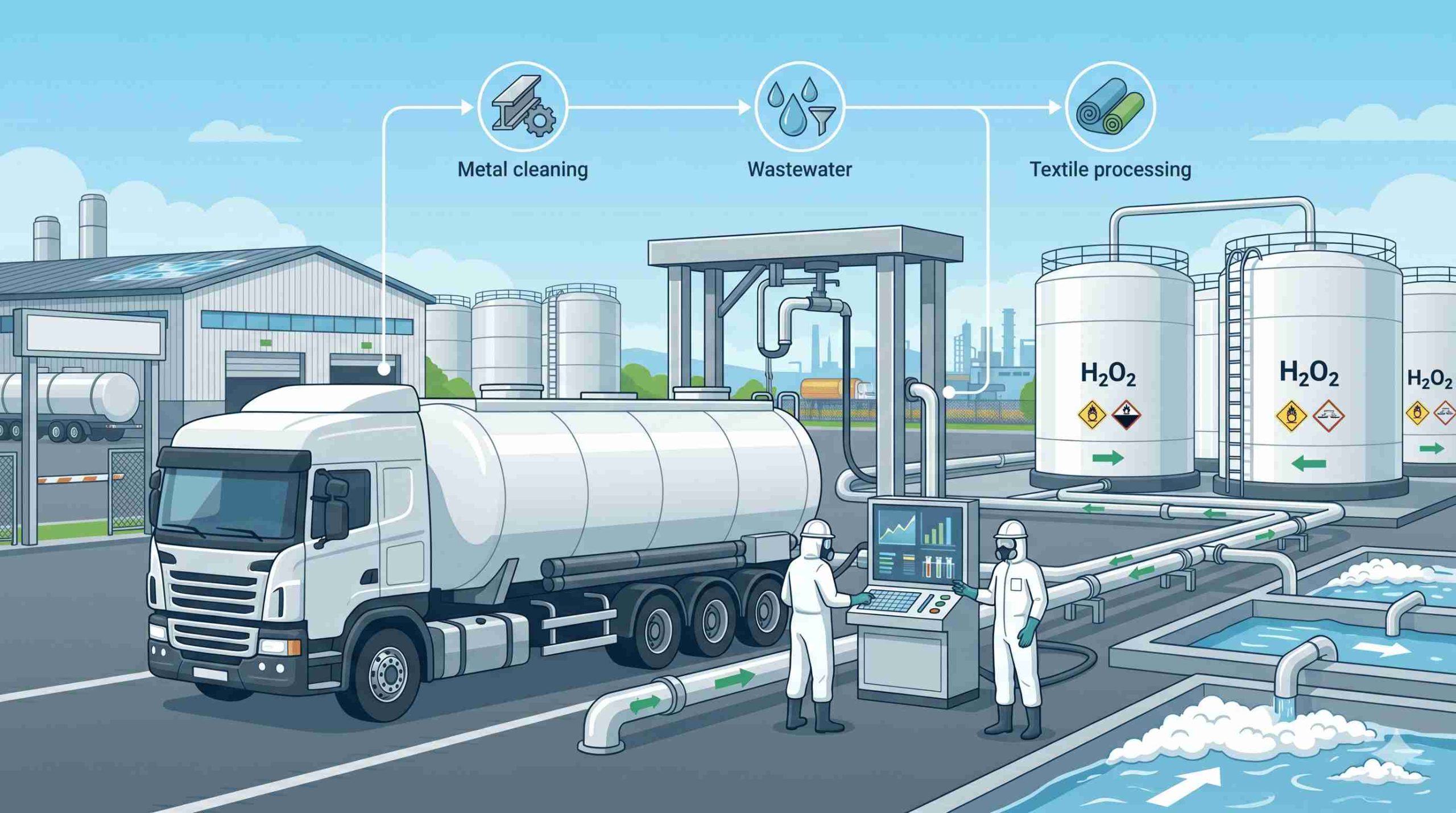 Visualisasi sistem pengolahan limbah cair industri (IPAL) yang efektif dan ramah lingkungan menggunakan Hidrogen Peroksida ($H_2O_2$) standar industri dari PT Damika Buana Indonesia.