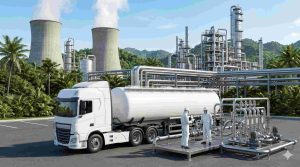 Ilustrasi Truk tangki logistik PT Damika Buana Indonesia bersiap melakukan distribusi bahan kimia sebagai distributor ammonia Medan untuk kebutuhan sistem pendingin pabrik.