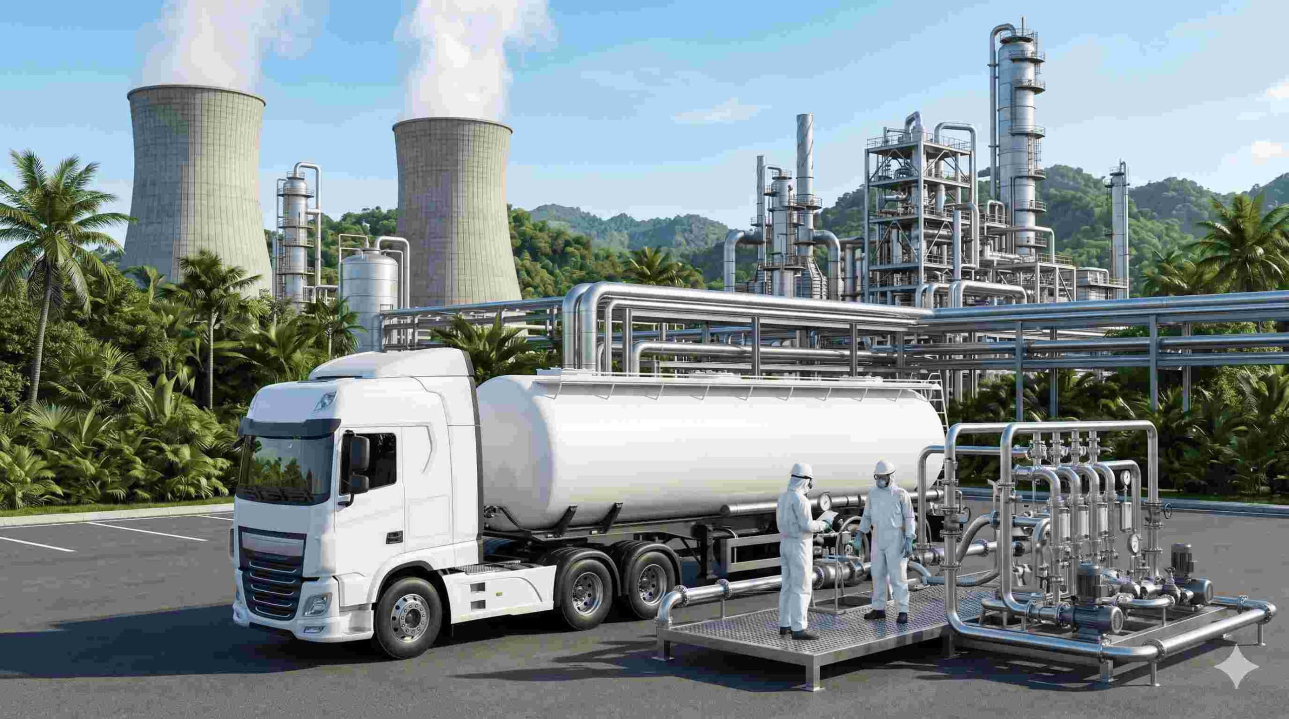 Ilustrasi Truk tangki logistik PT Damika Buana Indonesia bersiap melakukan distribusi bahan kimia sebagai distributor ammonia Medan untuk kebutuhan sistem pendingin pabrik.