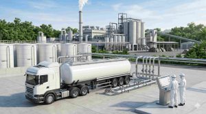 Ilustrasi Truk tangki industri PT Damika Buana Indonesia melakukan pengisian bahan kimia sebagai distributor ammonia Pekanbaru untuk mendukung operasional pabrik skala masif.