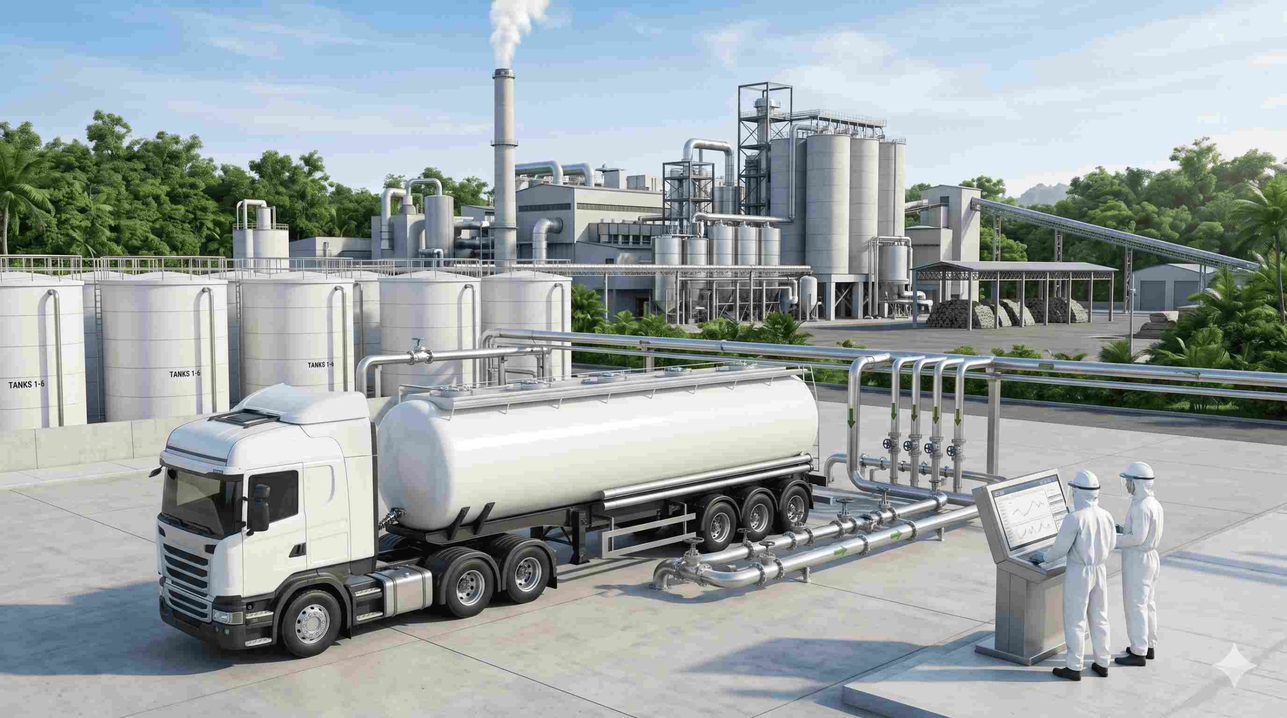 Ilustrasi Truk tangki industri PT Damika Buana Indonesia melakukan pengisian bahan kimia sebagai distributor ammonia Pekanbaru untuk mendukung operasional pabrik skala masif.