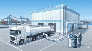 Ilustrasi Truk tangki PT Damika Buana Indonesia menyalurkan amonia 99% sebagai solusi pasokan ammonia industri Lampung untuk menjaga efisiensi fasilitas cold storage pelabuhan.