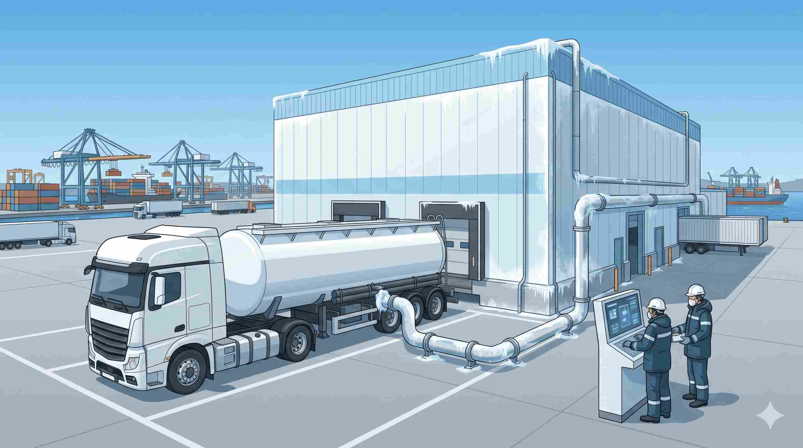 Ilustrasi Truk tangki PT Damika Buana Indonesia menyalurkan amonia 99% sebagai solusi pasokan ammonia industri Lampung untuk menjaga efisiensi fasilitas cold storage pelabuhan.