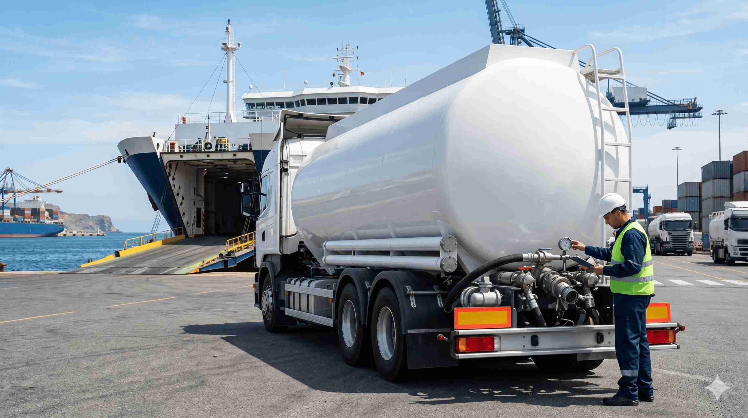 Ilustrasi Armada truk tangki khusus pengiriman lintas pulau dari PT Damika Buana Indonesia bersiap di pelabuhan sebagai supplier ammonia Sumatera untuk memenuhi kebutuhan kawasan industri.
