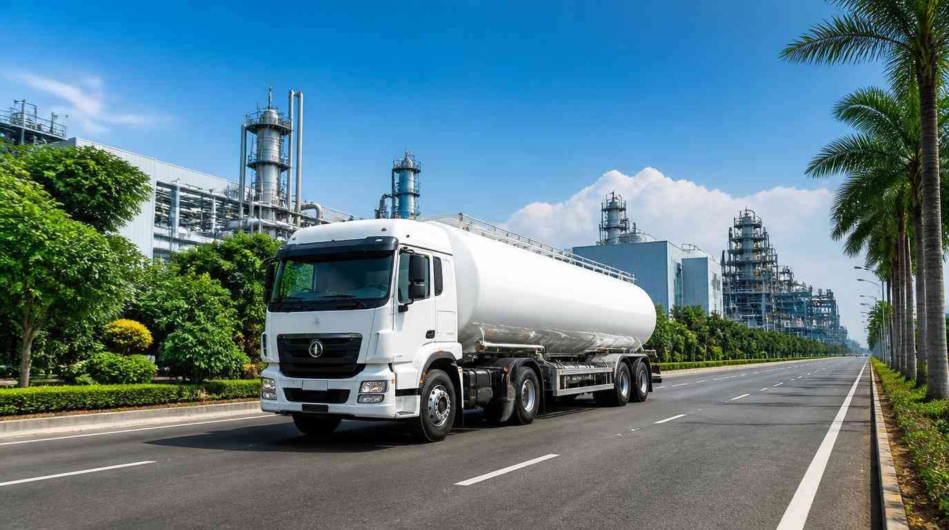 Ilustrasi Truk tangki PT Damika Buana Indonesia beroperasi sebagai distributor asam sulfat Sumatera untuk menyuplai kebutuhan manufaktur secara aman.