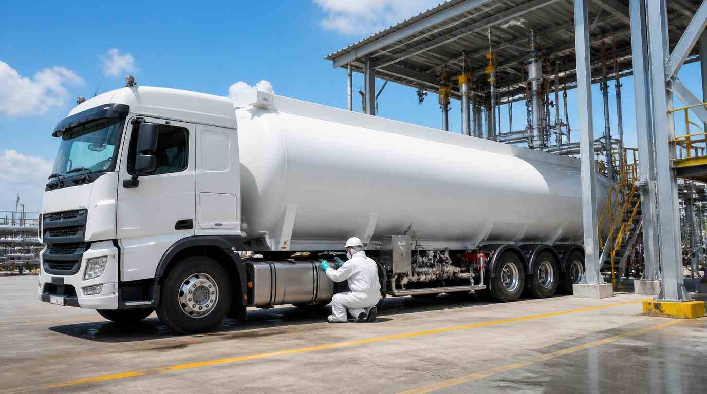 Ilustrasi Truk tangki khusus B3 PT Damika Buana Indonesia menjalankan prosedur keamanan distribusi asam sulfat menuju area pabrik manufaktur.