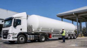 Ilustrasi Truk tangki B3 bertekanan PT Damika Buana Indonesia menerapkan standar keamanan pengiriman amonia liquid untuk fasilitas industri.